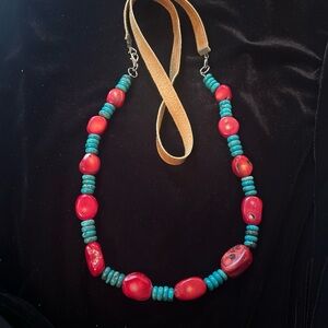 Vintage Blue Kingman Turquoise Red Bamboo Necklace with Suede Neck Strap